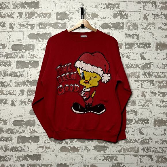 Vintage Tweet Bird Christmas Sweatshirt Size Large USA Made 90s - Picture 2 of 5